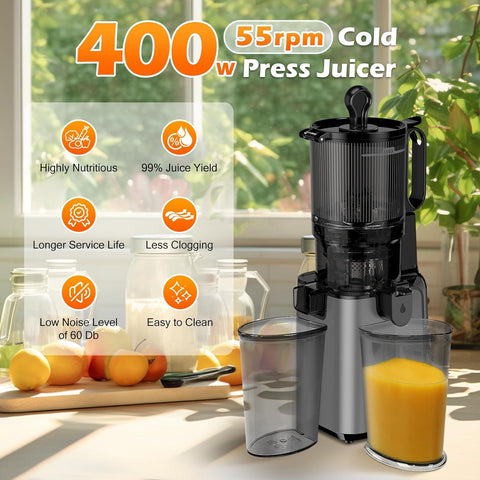 Compact 400W Slow Juicer with Large Feed Chute & Easy Cleaning (Titanium Gray) | High Juice Yield.